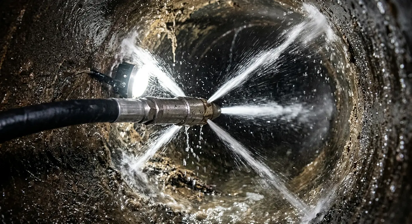High-pressure hydro jetting nozzle cleaning sewer pipe for Emergency Drain Service in Rutland