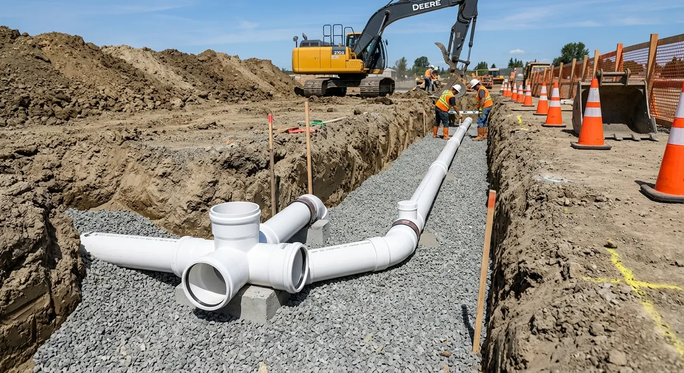 New PVC sewer pipe installation in open trench for Sewer Backup in Rutland