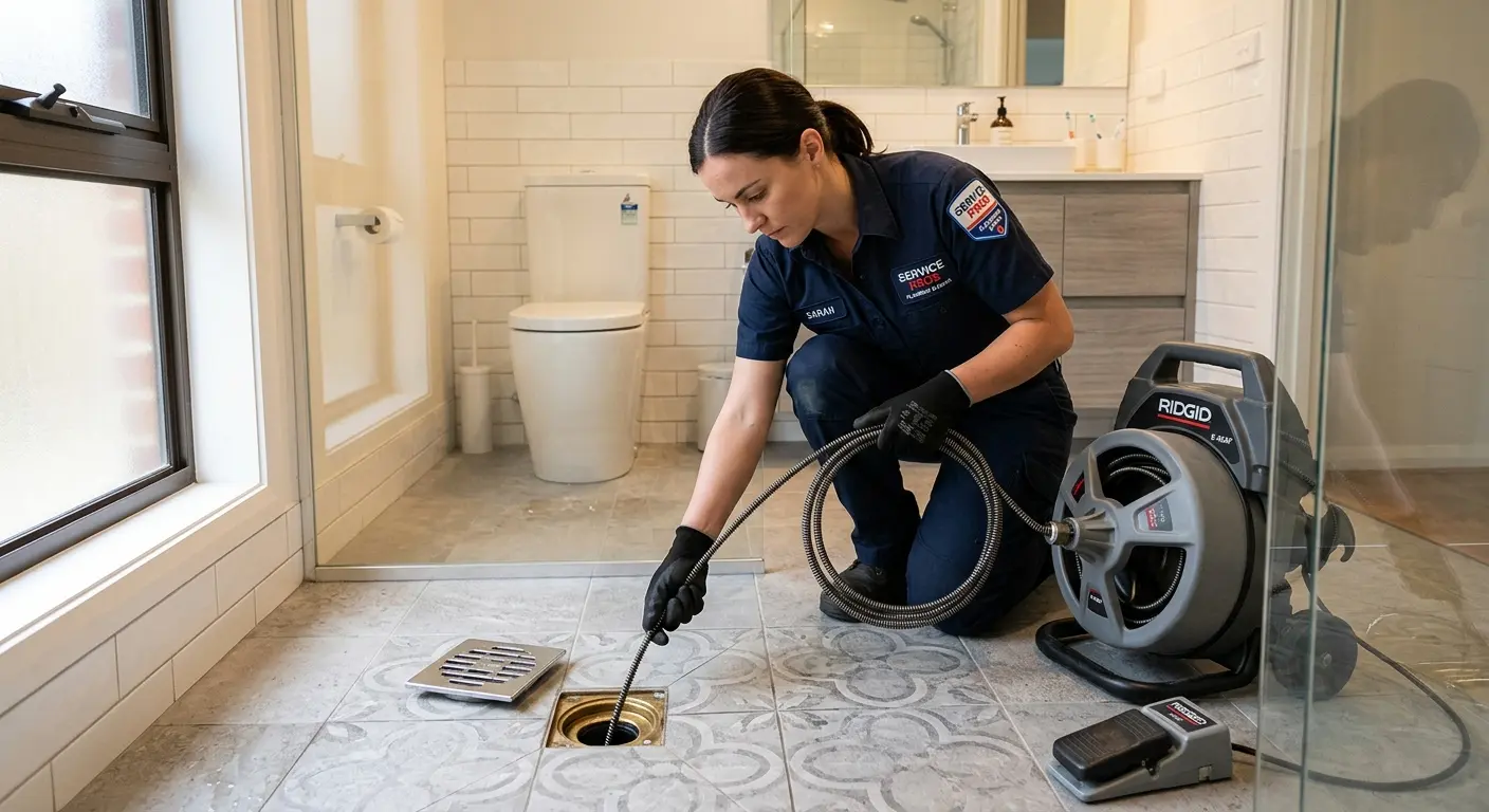 Technician clearing a bathroom floor drain for Drain Cleaning in Rutland